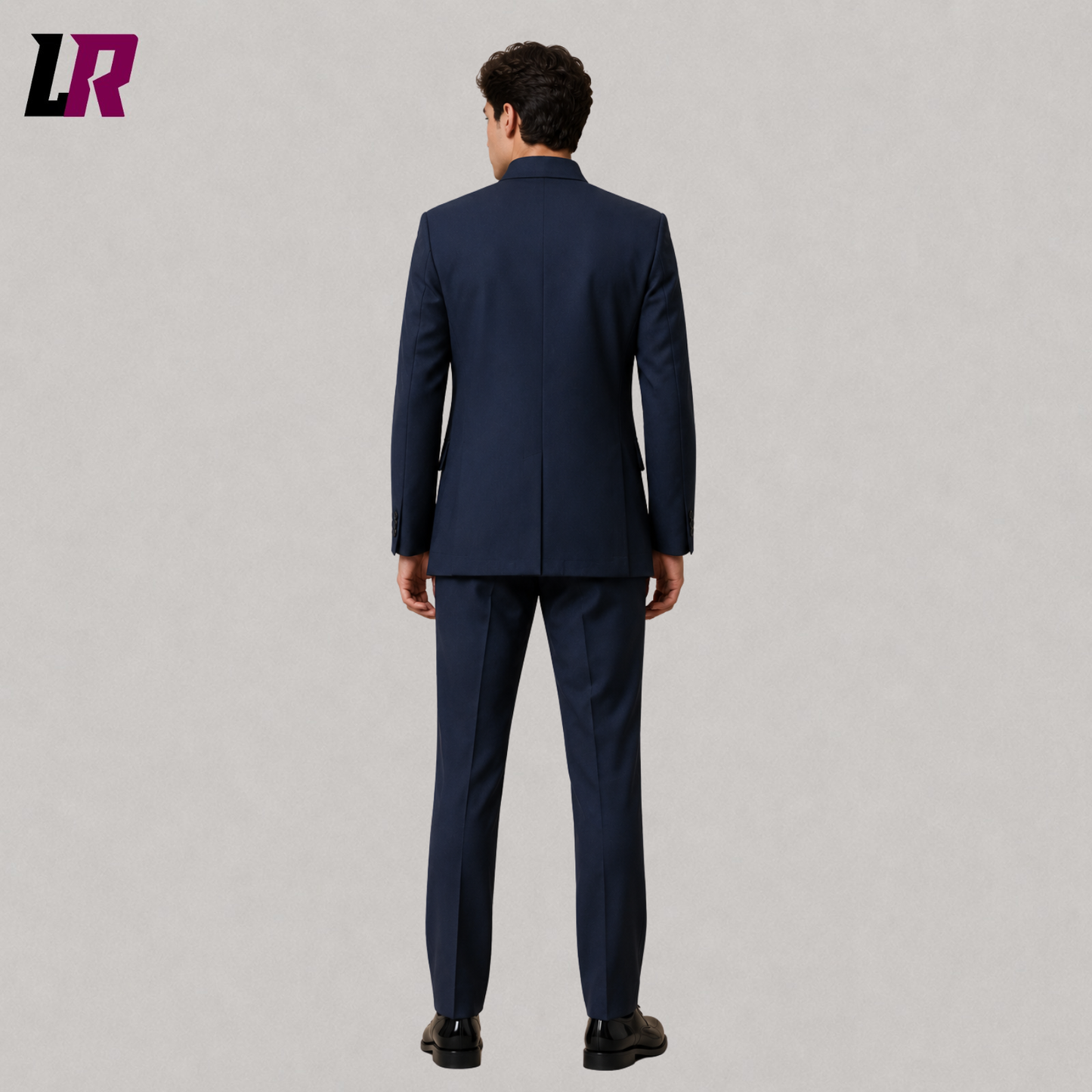 Back view of men's navy blue military-style Mandarin collar suit showing the clean tailored silhouette