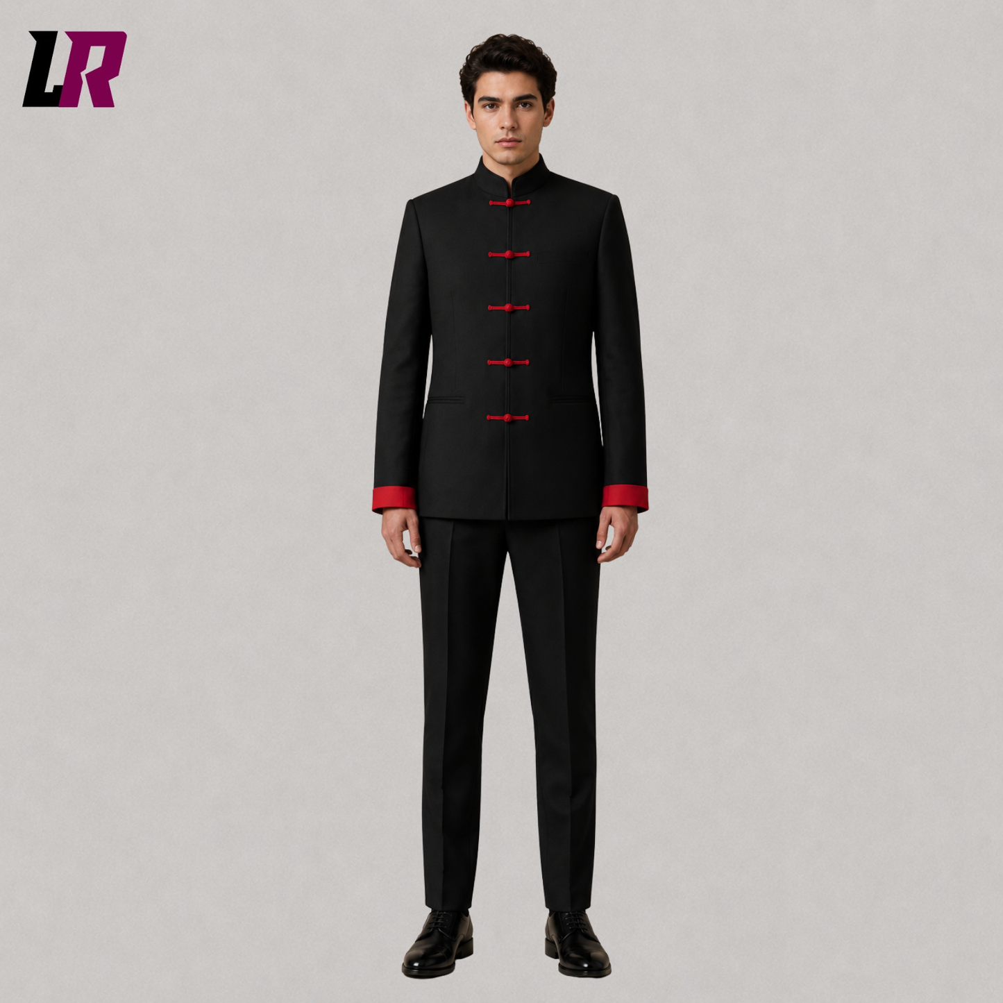 Front view of men's black Mandarin collar Chinese-inspired formal suit with tailored jacket and matching trousers