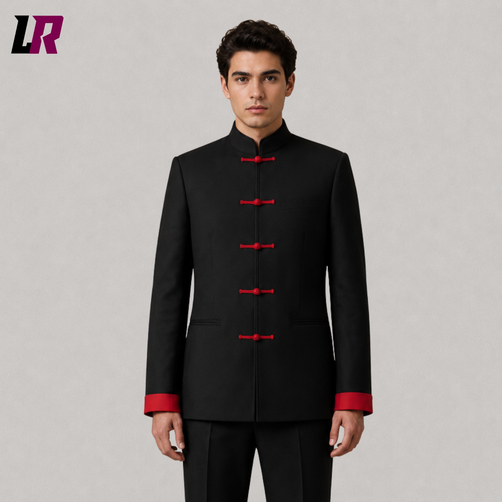 Close-up of men's black Mandarin collar formal suit featuring premium tailoring and elegant minimalist button detailing