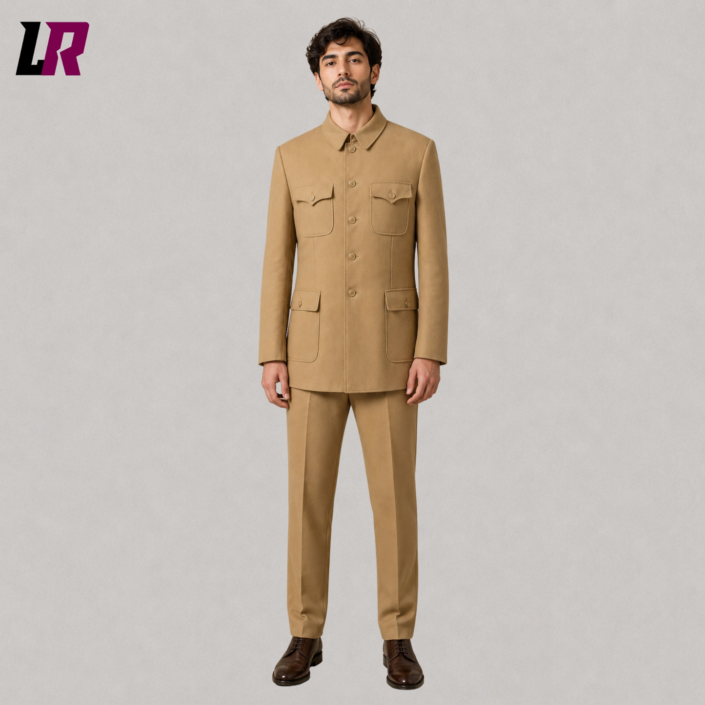 Front view of men's khaki Mandarin collar formal suit with military-inspired tailored jacket and matching trousers