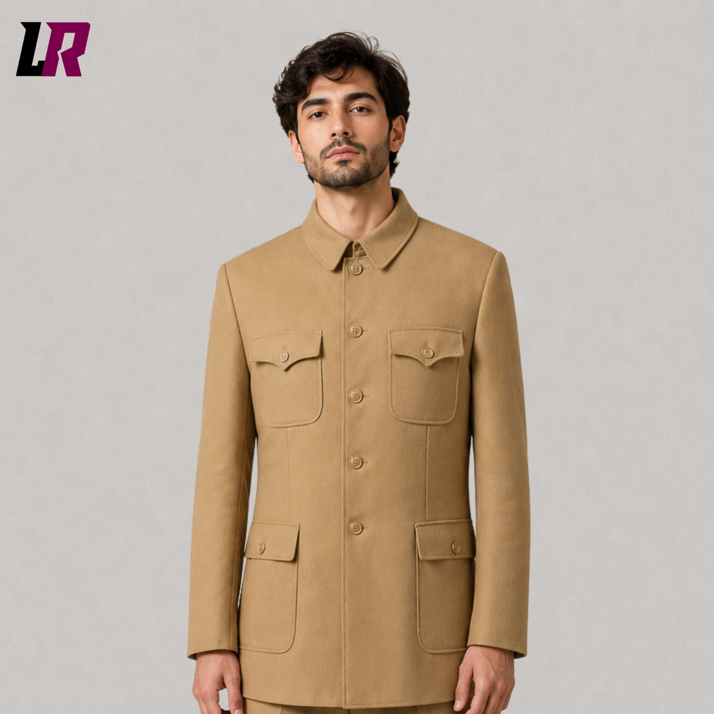 Close-up of men's khaki Mandarin collar military-style tunic suit featuring premium tailoring and elegant button detailing
