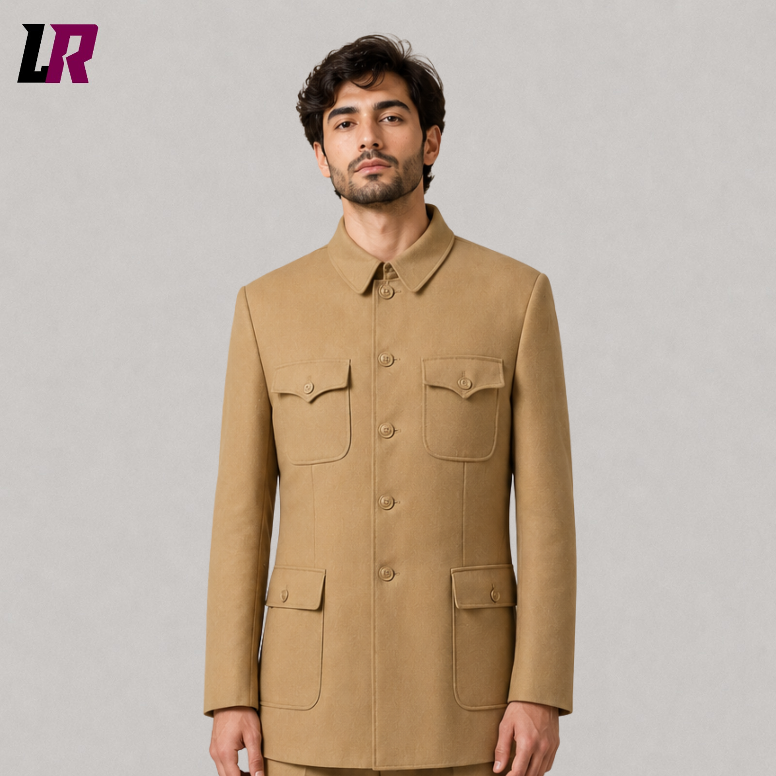 Close-up of men's khaki Mandarin collar military-style tunic suit featuring premium tailoring and elegant button detailing