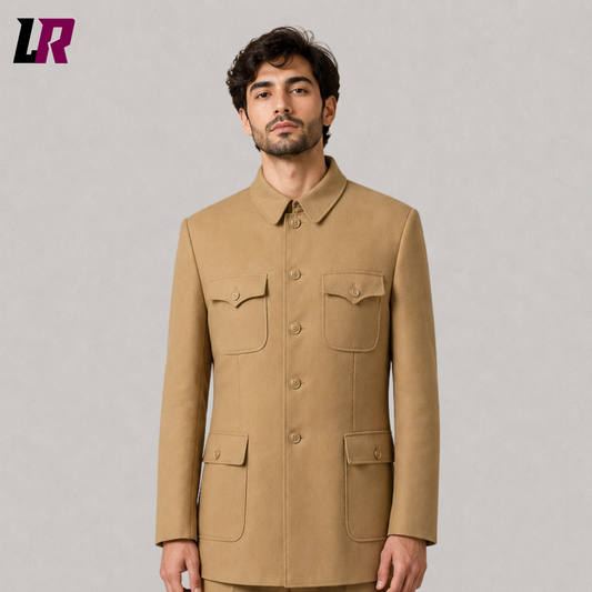Close-up of men's khaki Mandarin collar military-style tunic suit featuring premium tailoring and elegant button detailing
