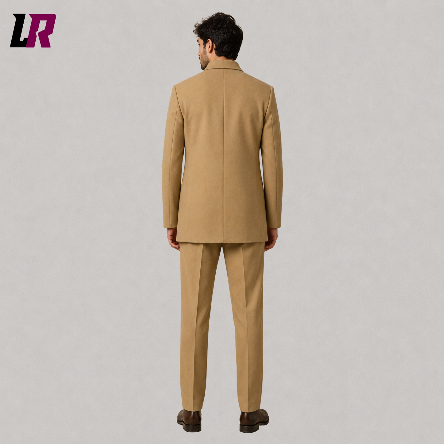 Back view of men's khaki Mandarin collar military-style suit showing the clean tailored silhouette