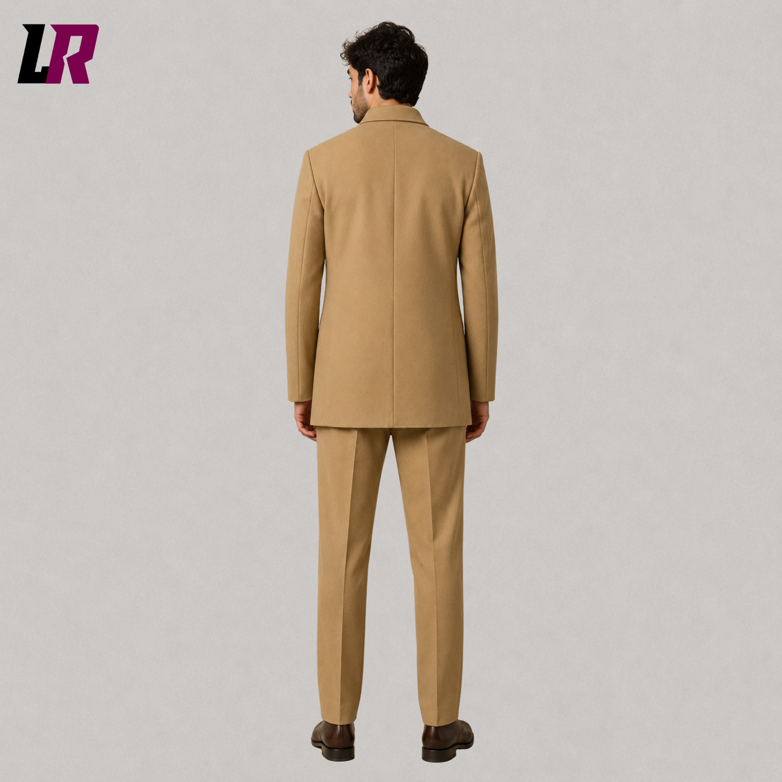 Back view of men's khaki Mandarin collar military-style suit showing the clean tailored silhouette