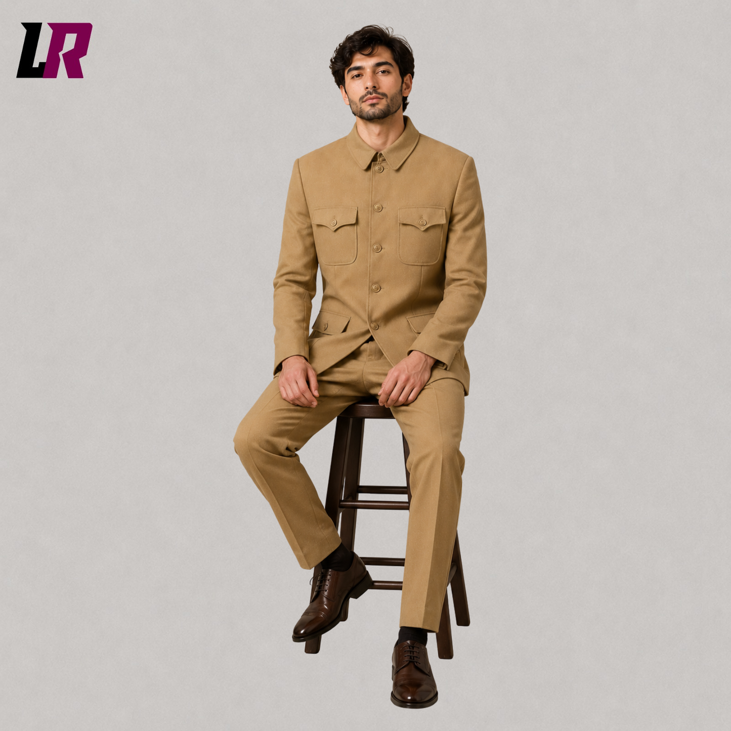 Man sitting on a stool wearing a khaki Mandarin collar military-style formal suit for weddings and elegant occasions