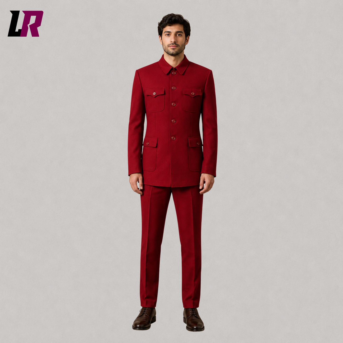 Front view of men's burgundy Mandarin collar Chinese-inspired formal suit with military-style jacket and tailored trousers