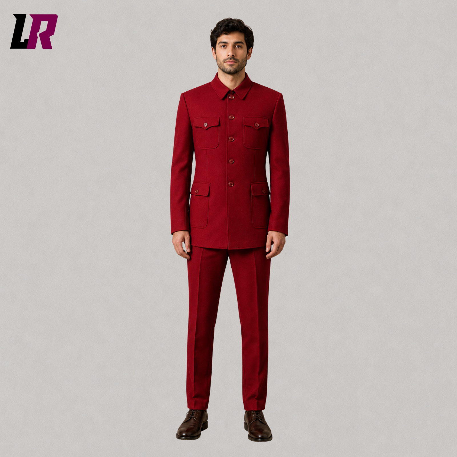 Front view of men's burgundy Mandarin collar Chinese-inspired formal suit with military-style jacket and tailored trousers