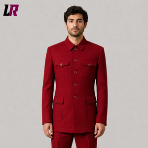 Men's Burgundy Mandarin Collar Suit | Military Style Chinese Tunic Formal Suit