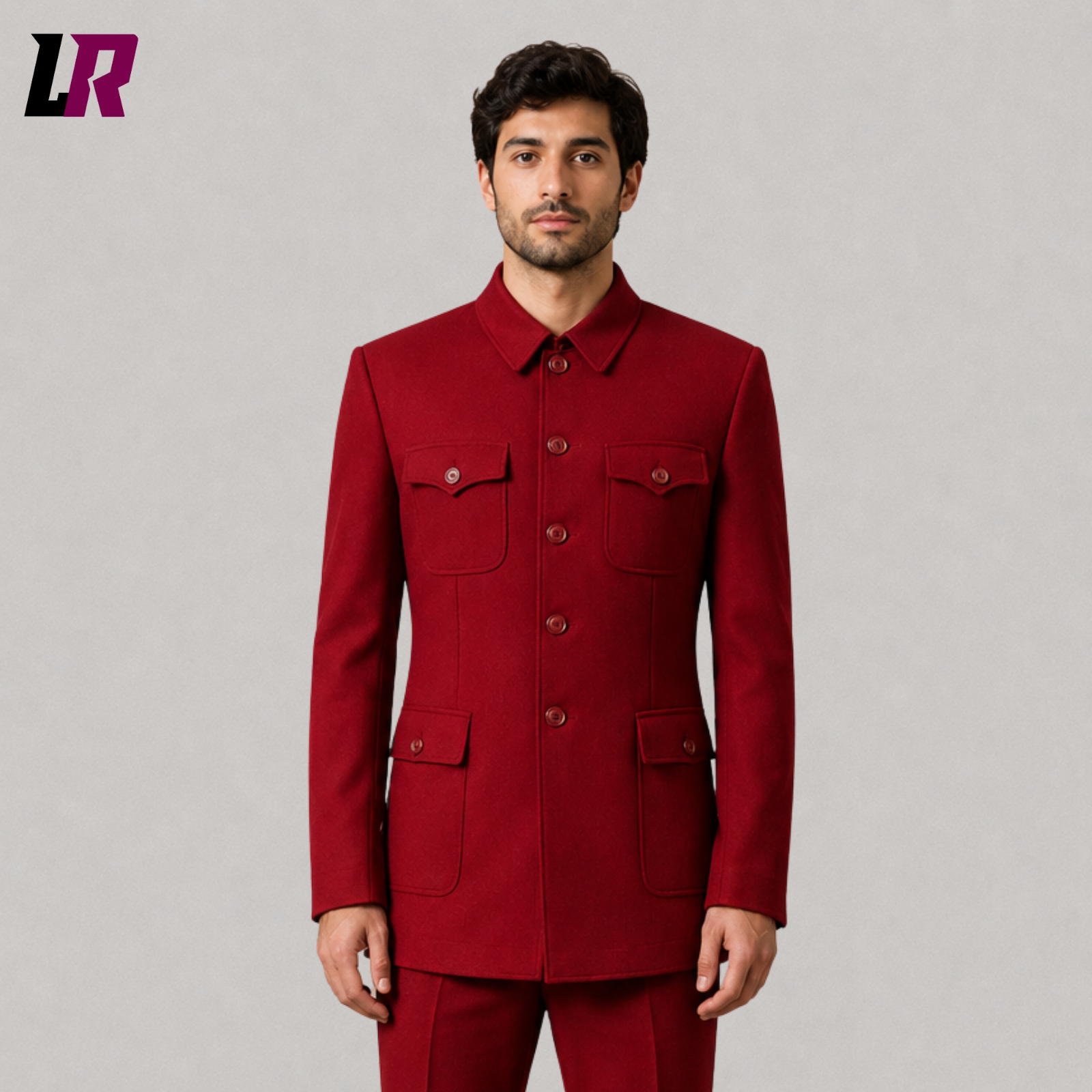 Close-up of men's burgundy Mandarin collar military-style tunic suit featuring premium tailoring and elegant button detailing