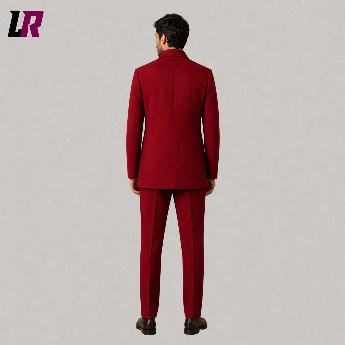 Back view of men's burgundy Mandarin collar military-style formal suit showing the clean tailored silhouette