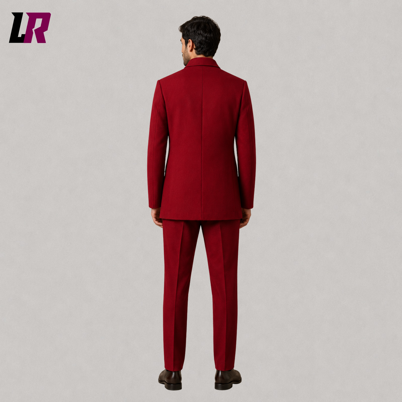 Back view of men's burgundy Mandarin collar military-style formal suit showing the clean tailored silhouette