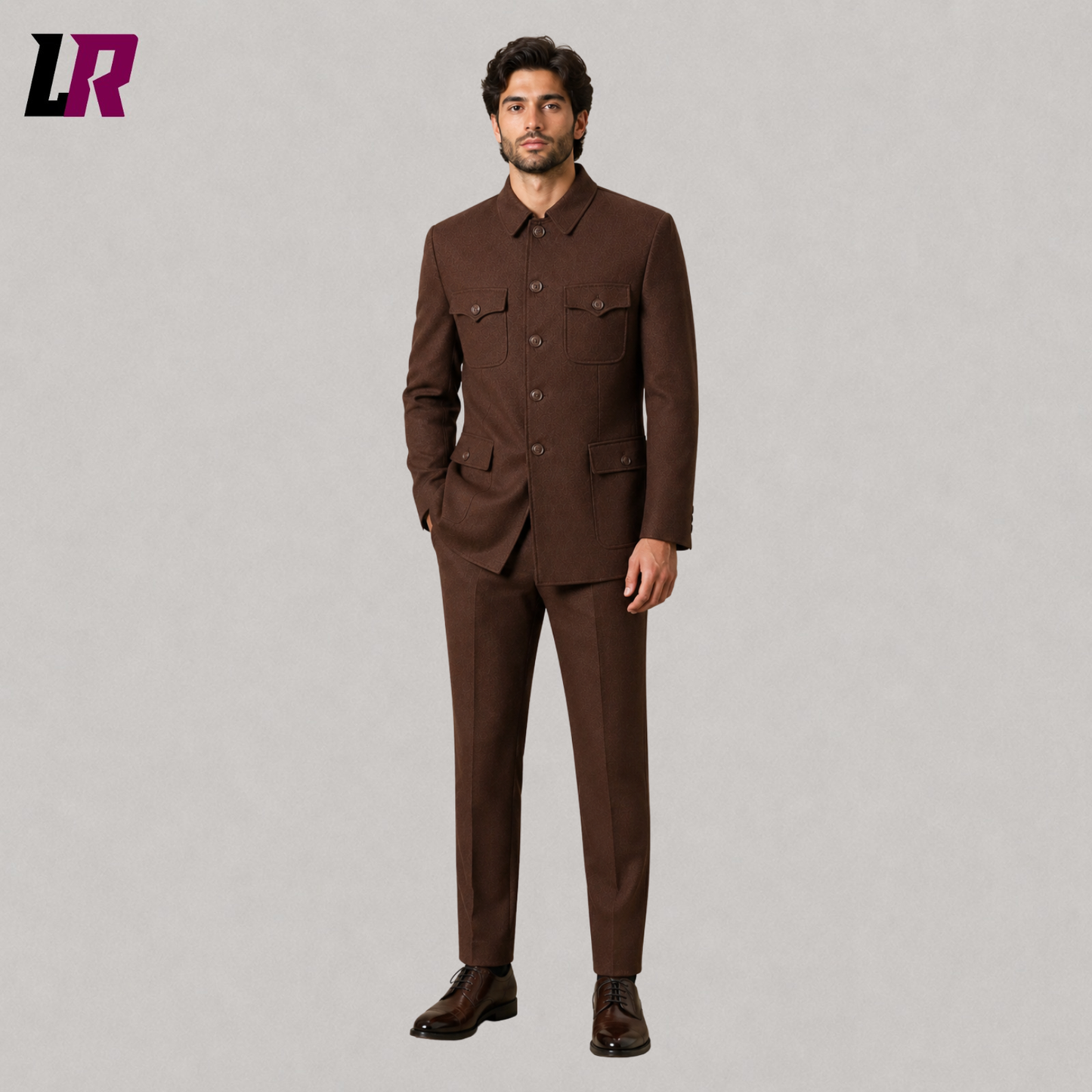 Front view of men's brown safari designer suit with structured military-style jacket and matching tailored trousers