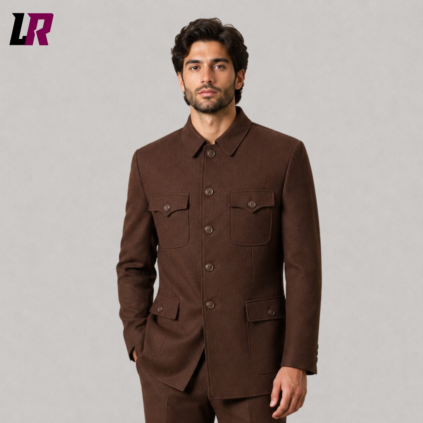 Close-up of men's brown safari suit featuring military-inspired tailoring, premium fabric, and luxury craftsmanship