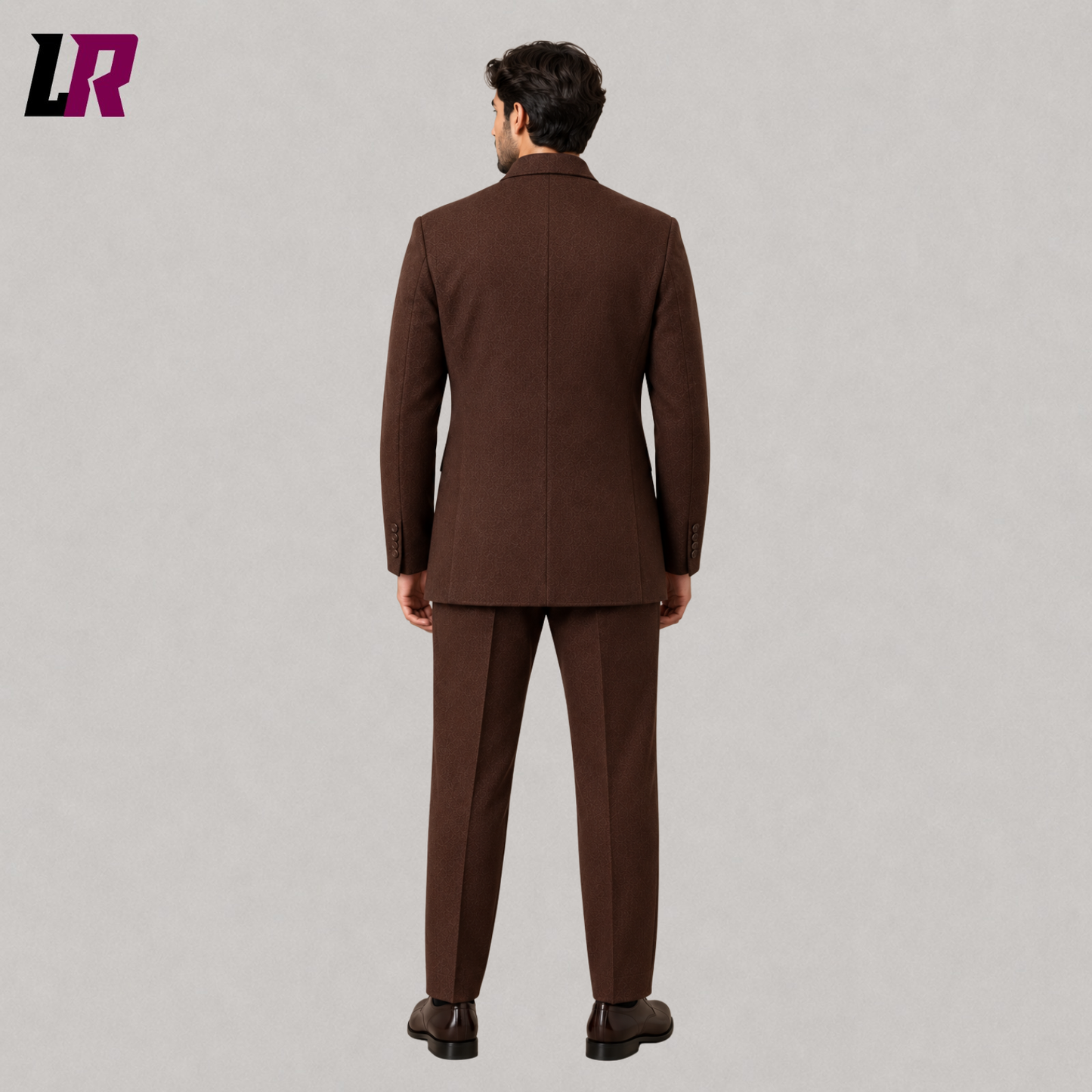 Back view of men's brown safari formal suit showing the clean structured tailored silhouette