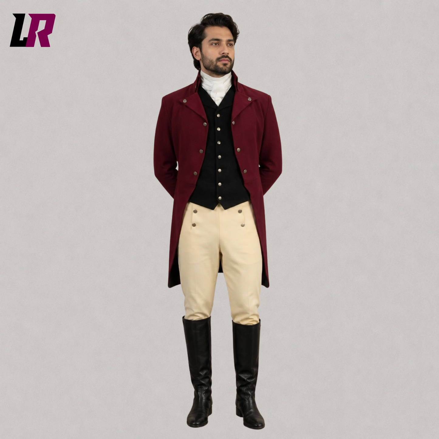 Front view of men's Regency tailcoat suit with Georgian military coat, matching waistcoat, and traditional breeches