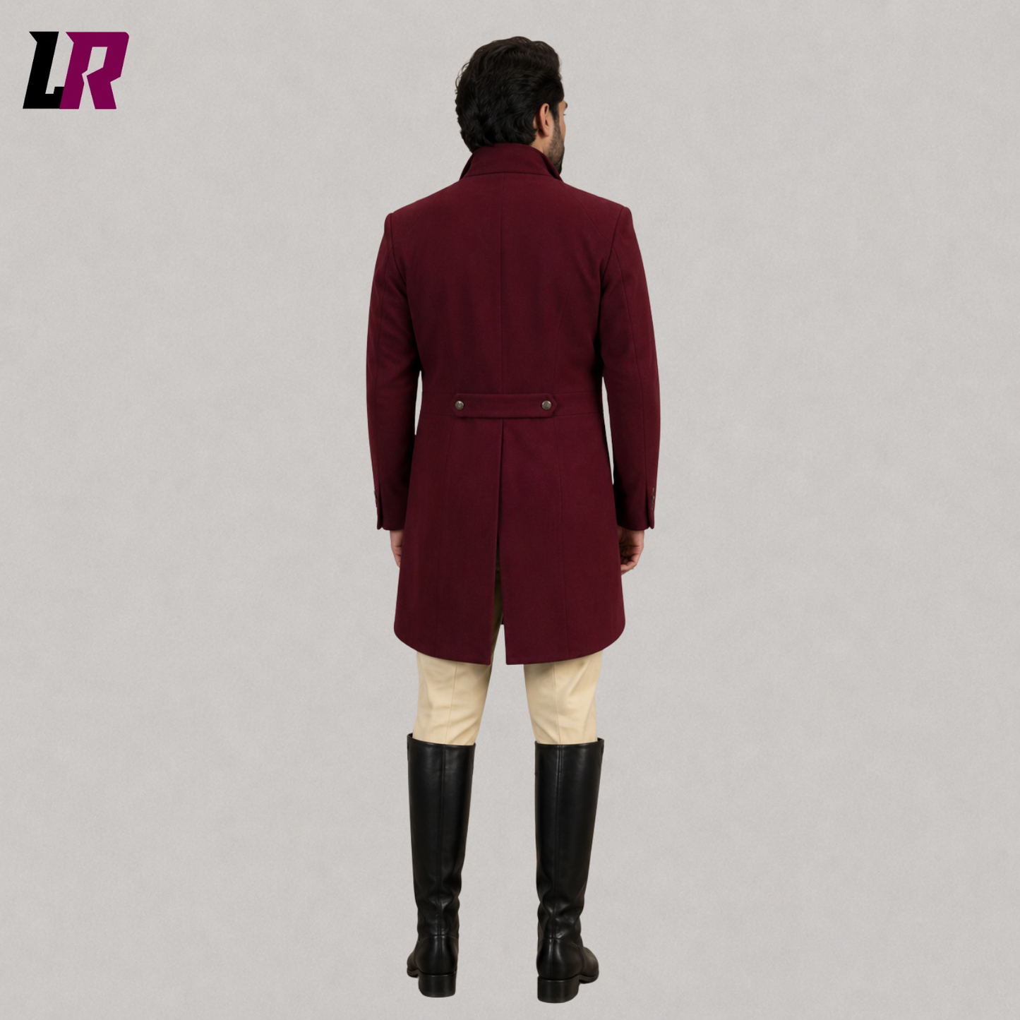 Back view of men's Regency Georgian military tailcoat showing the elegant historical long coat silhouette