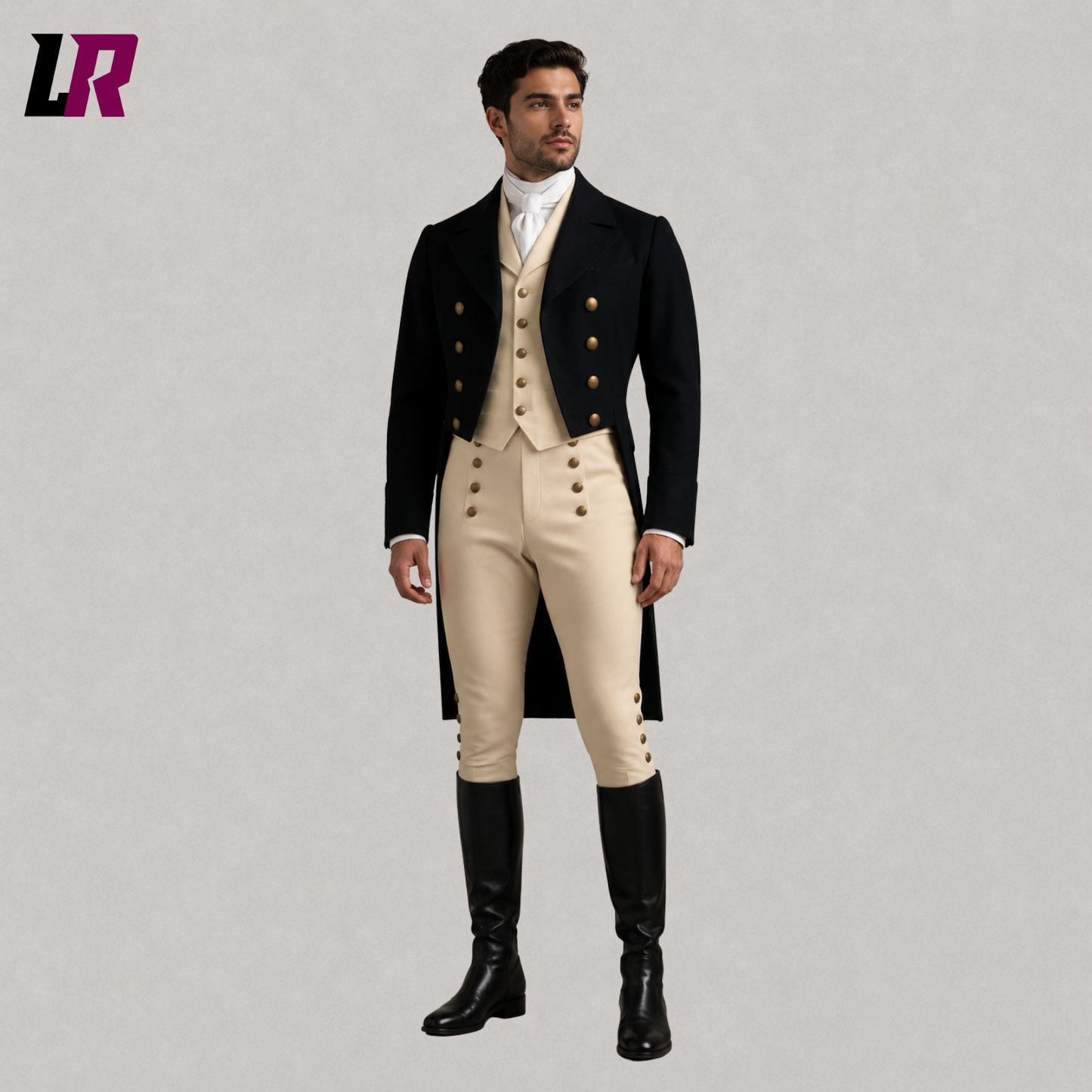 Front view of men's black Regency tailcoat suit with Georgian waistcoat and traditional breeches