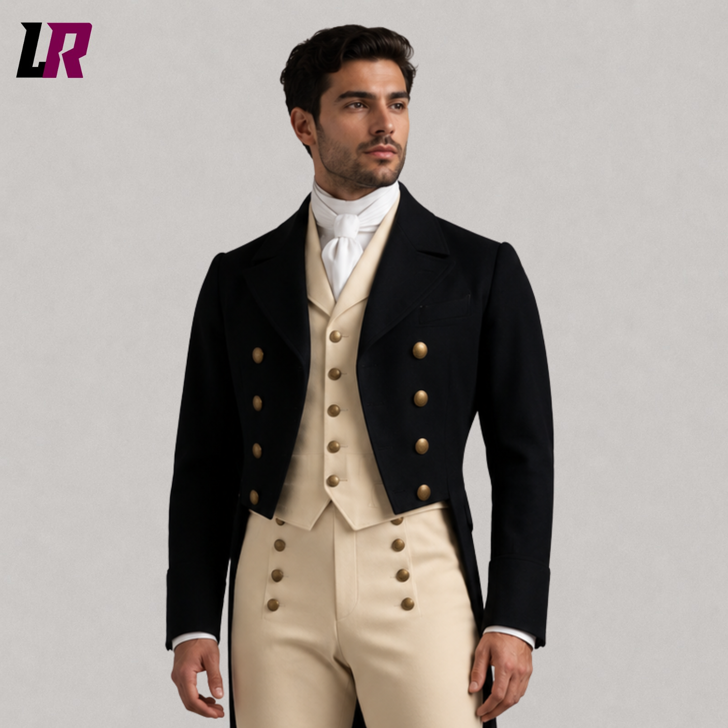 Close-up of men's black Regency tailcoat featuring premium tailoring and Victorian historical detailing