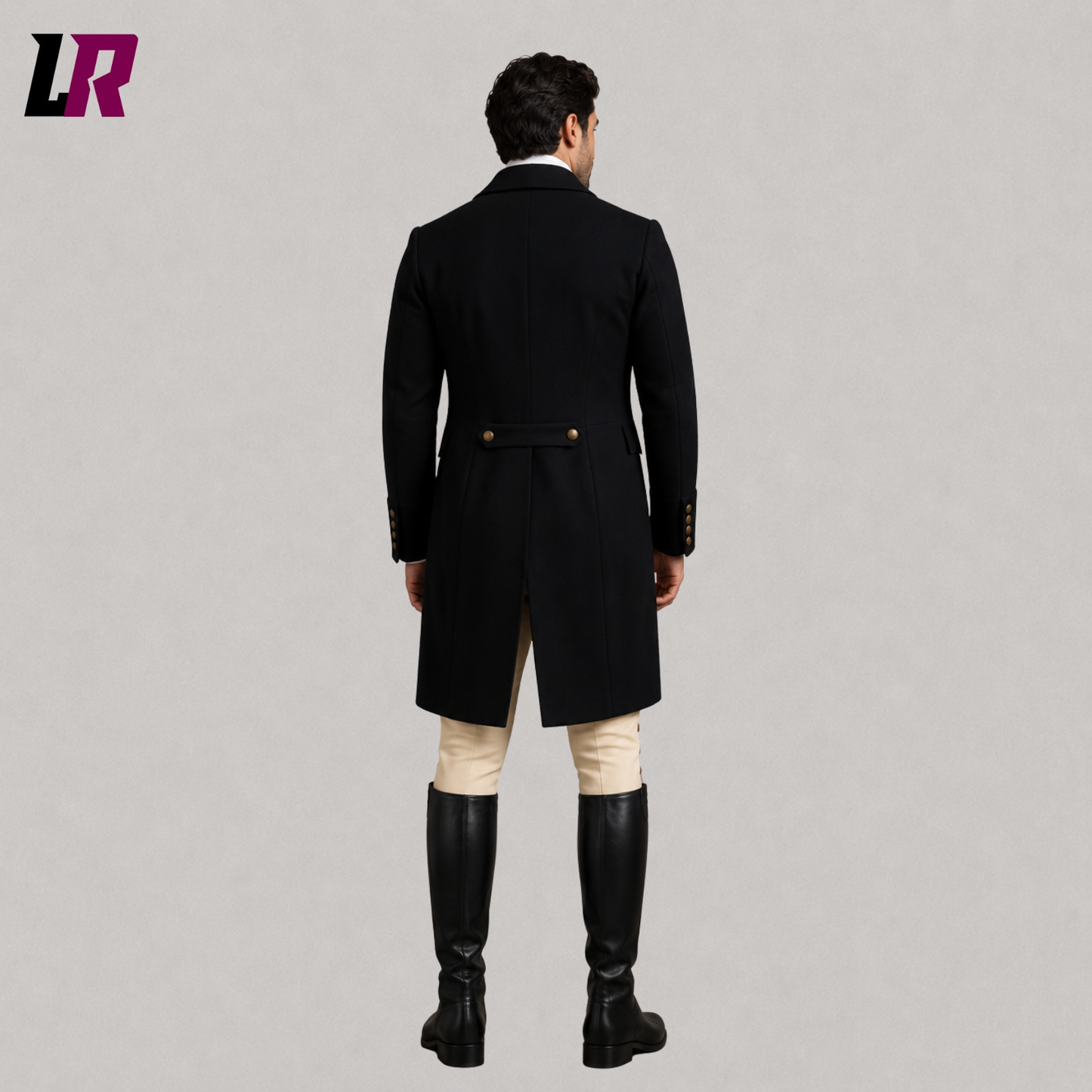 Back view of men's black Victorian Regency tailcoat showing the elegant historical long coat silhouette