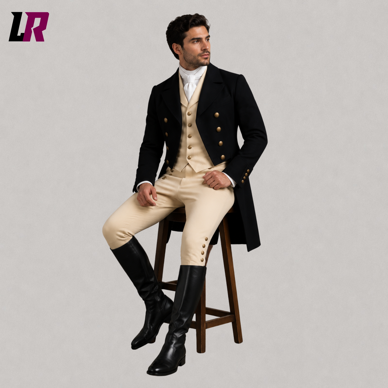Man sitting on a stool wearing a black Regency Victorian tailcoat suit with Georgian waistcoat and breeches