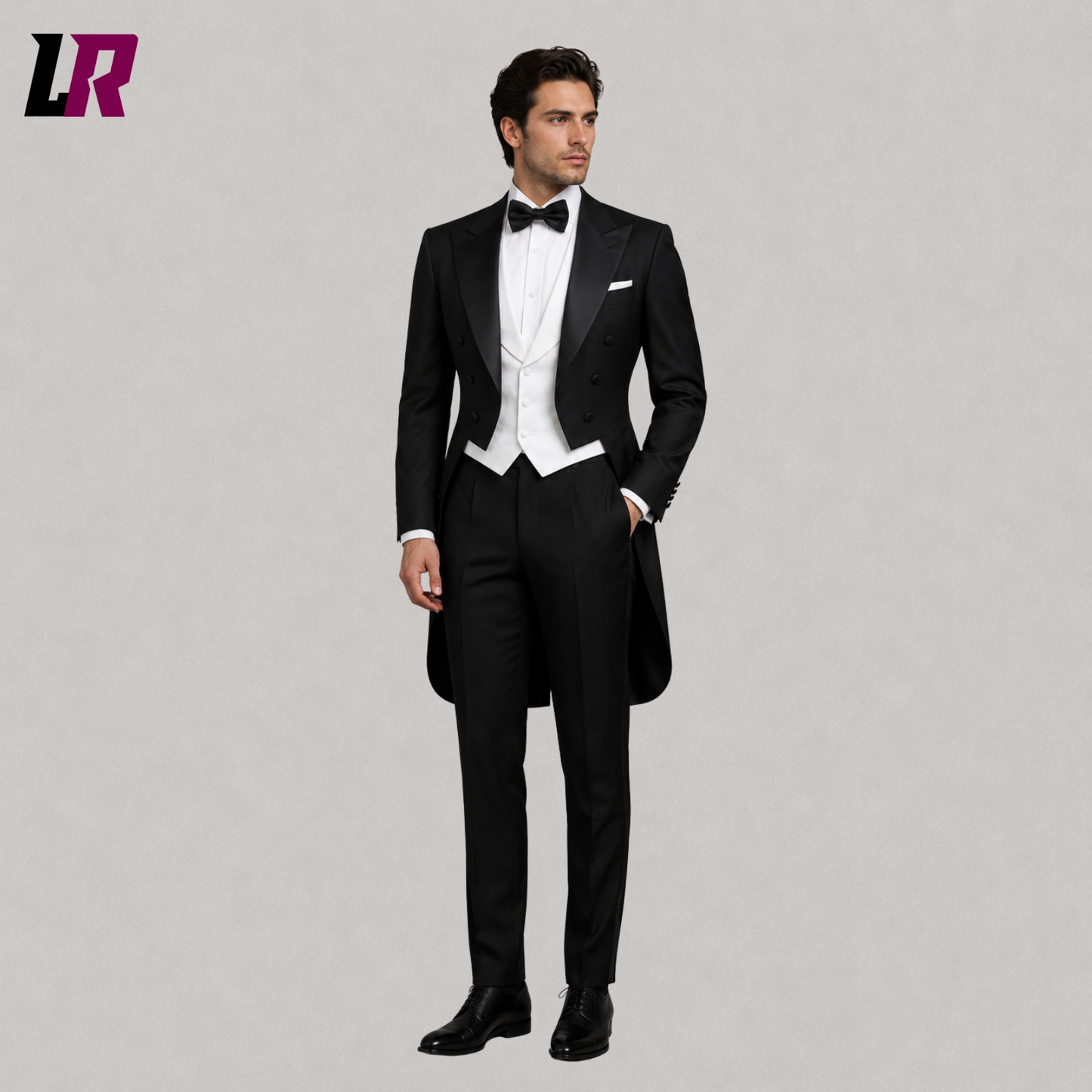 Front view of men's black tailcoat tuxedo suit with white waistcoat, bow tie, and tailored formal trousers