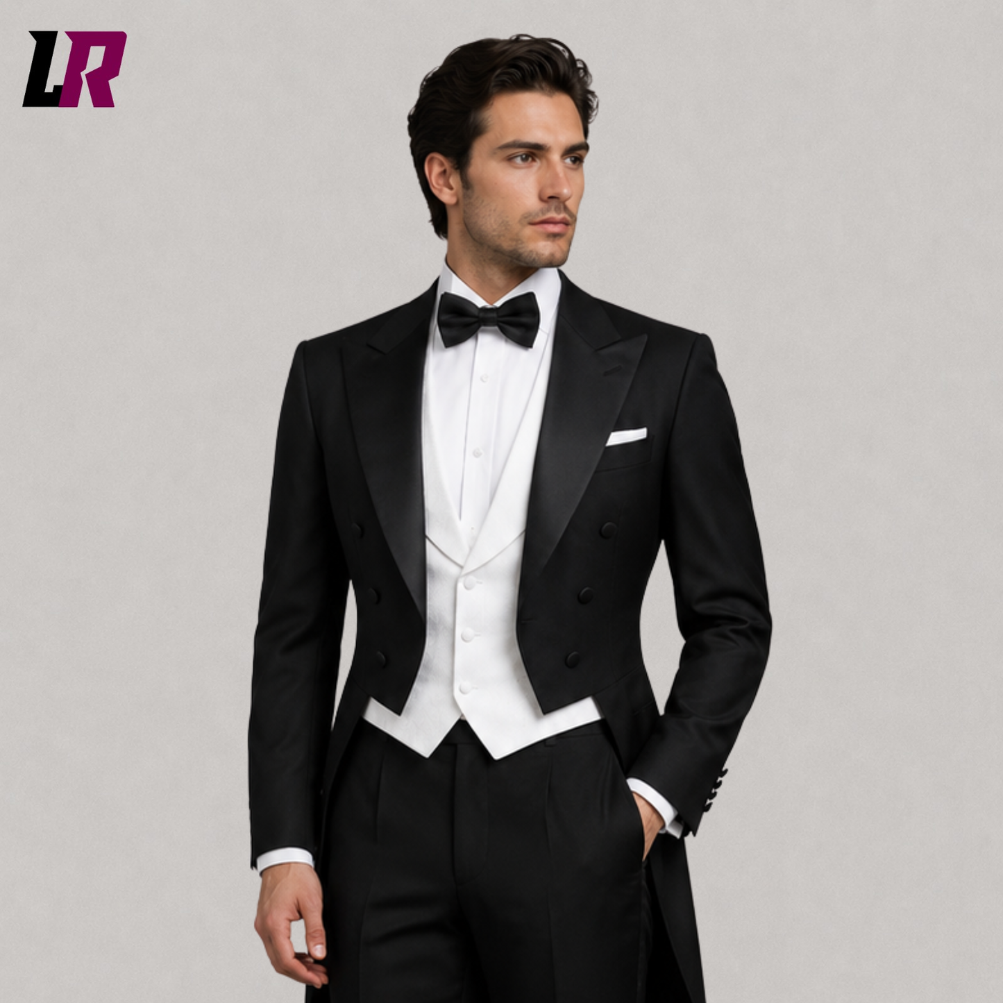 Close-up of men's black tailcoat tuxedo suit featuring premium tailoring, white waistcoat, and formal bow tie detailing