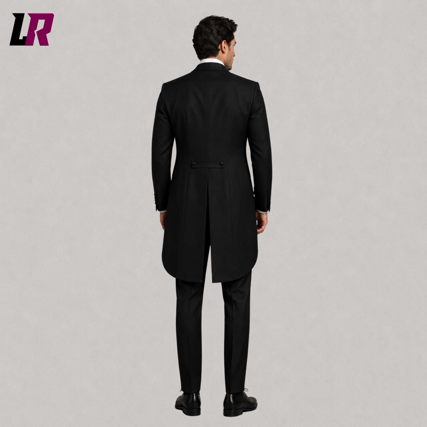 Back view of men's black formal tailcoat tuxedo showing the elegant tails and tailored silhouette