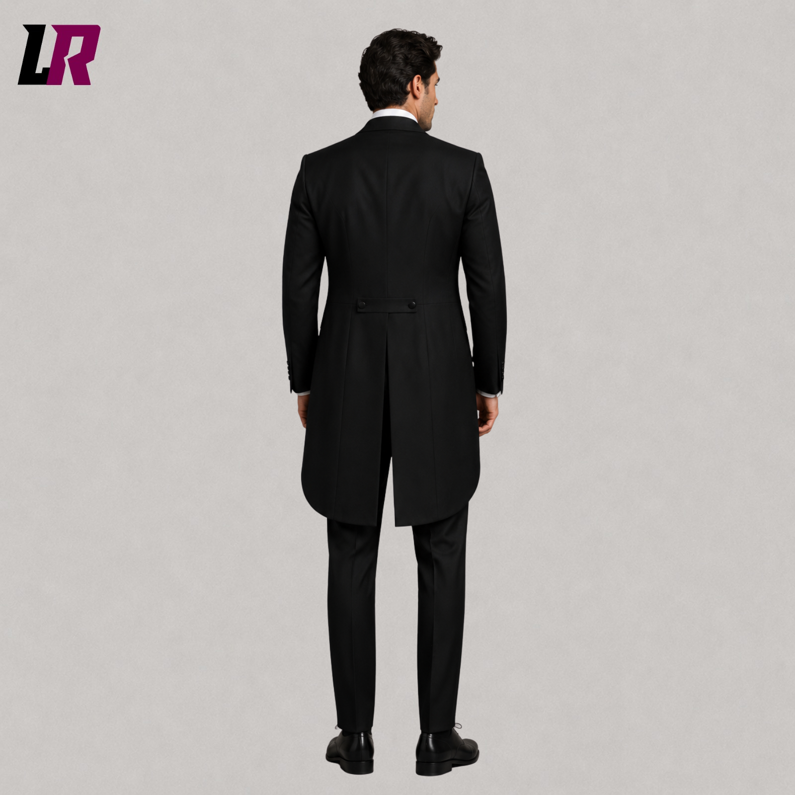 Back view of men's black formal tailcoat tuxedo showing the elegant tails and tailored silhouette