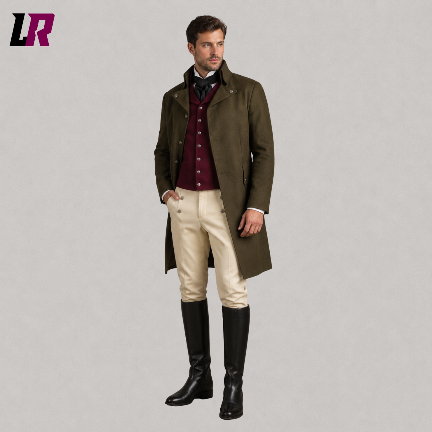 Front view of men's Regency Georgian historical tailcoat suit with matching waistcoat and formal trousers