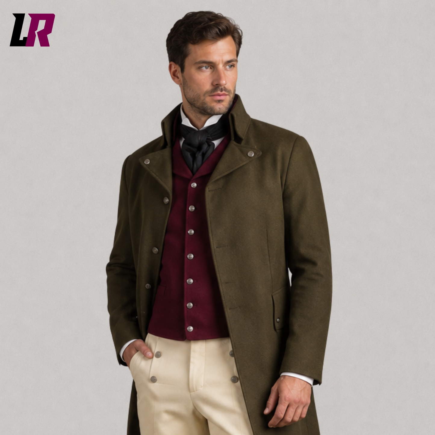 Close-up of men's Regency Georgian tailcoat featuring premium tailoring and handcrafted historical detailing