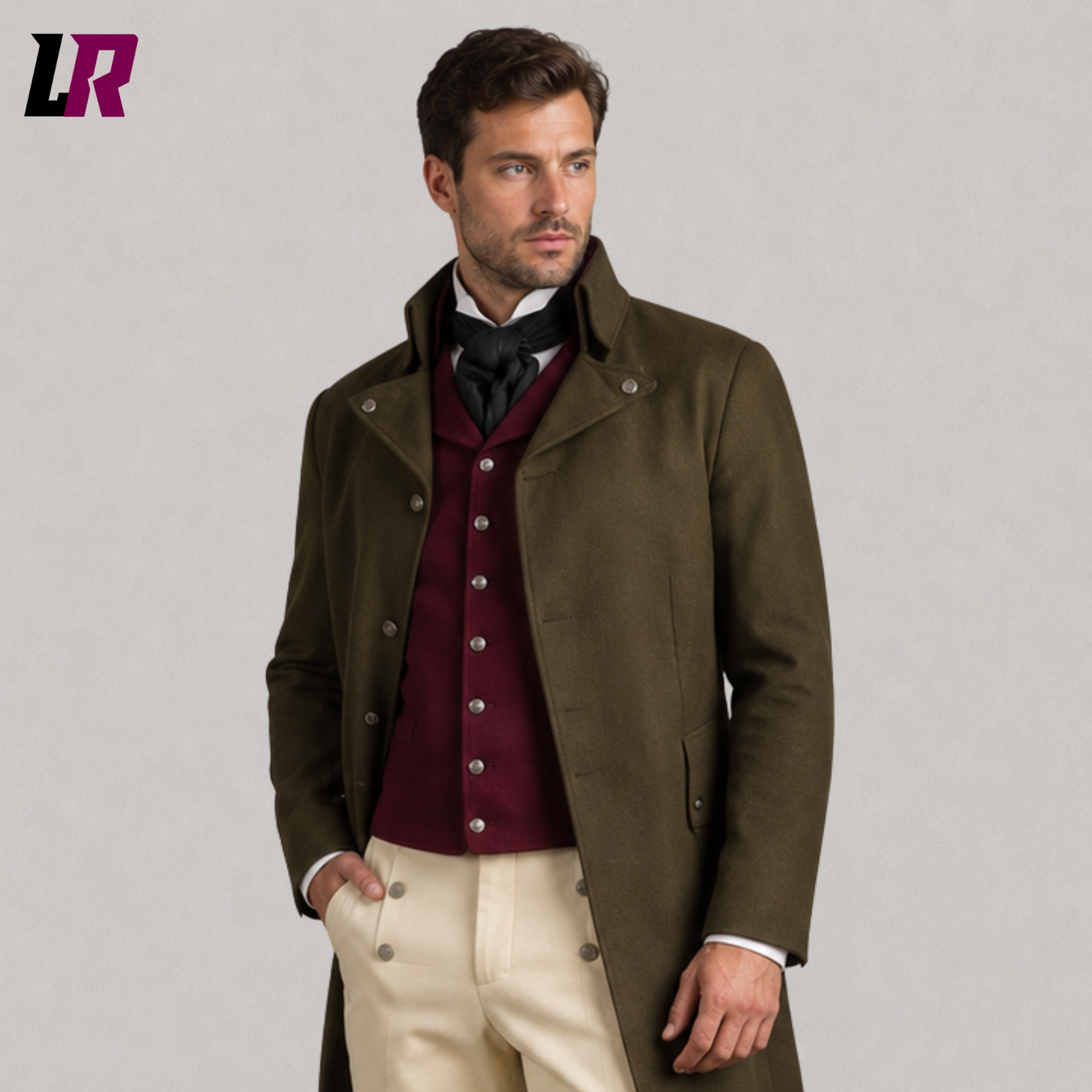 Close-up of men's Regency Georgian tailcoat featuring premium tailoring and handcrafted historical detailing