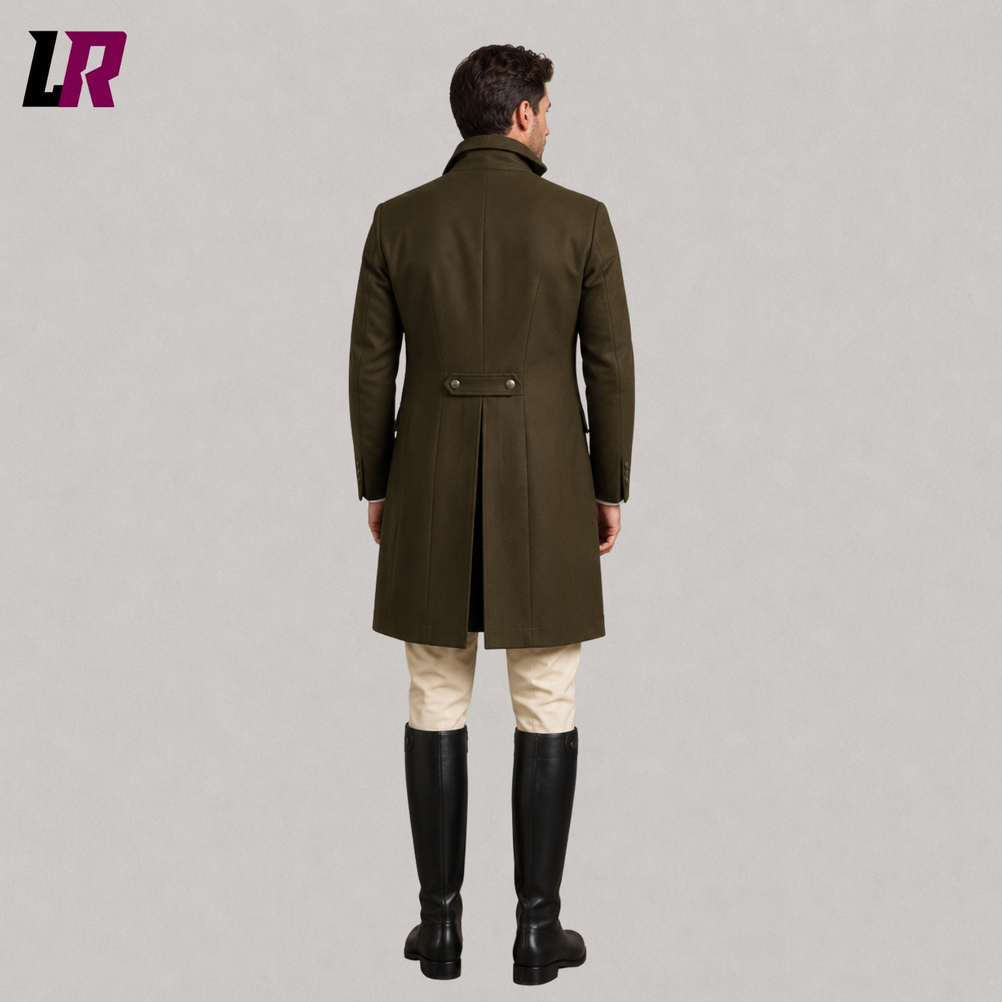 Back view of men's Victorian Regency tailcoat showing the elegant long historical silhouette