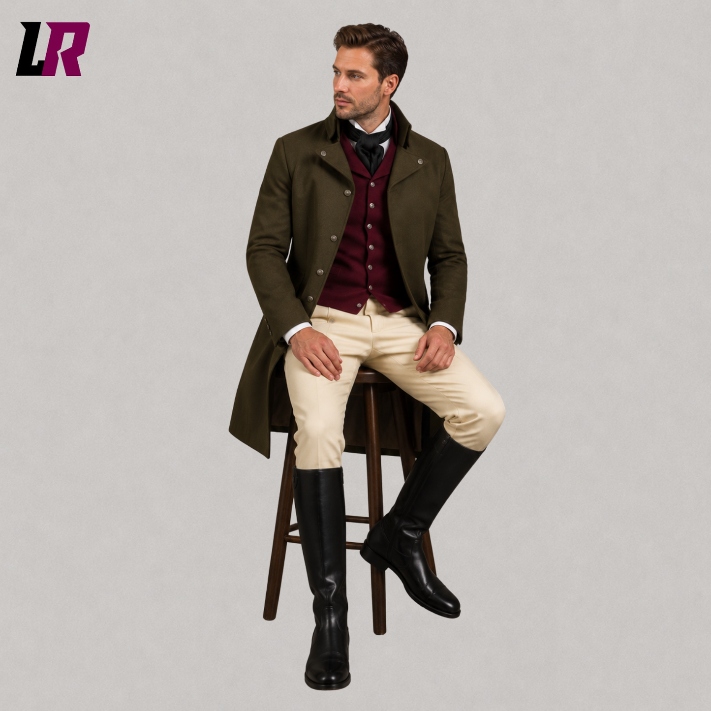 Man sitting on a stool wearing a handmade Regency Georgian tailcoat suit inspired by 19th-century gentleman fashion