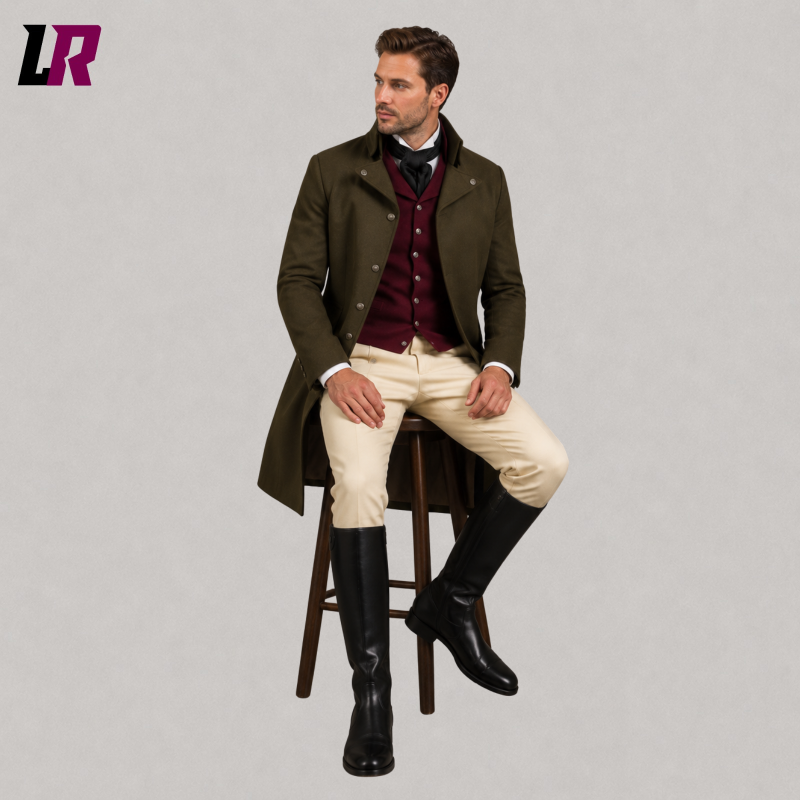 Man sitting on a stool wearing a handmade Regency Georgian tailcoat suit inspired by 19th-century gentleman fashion