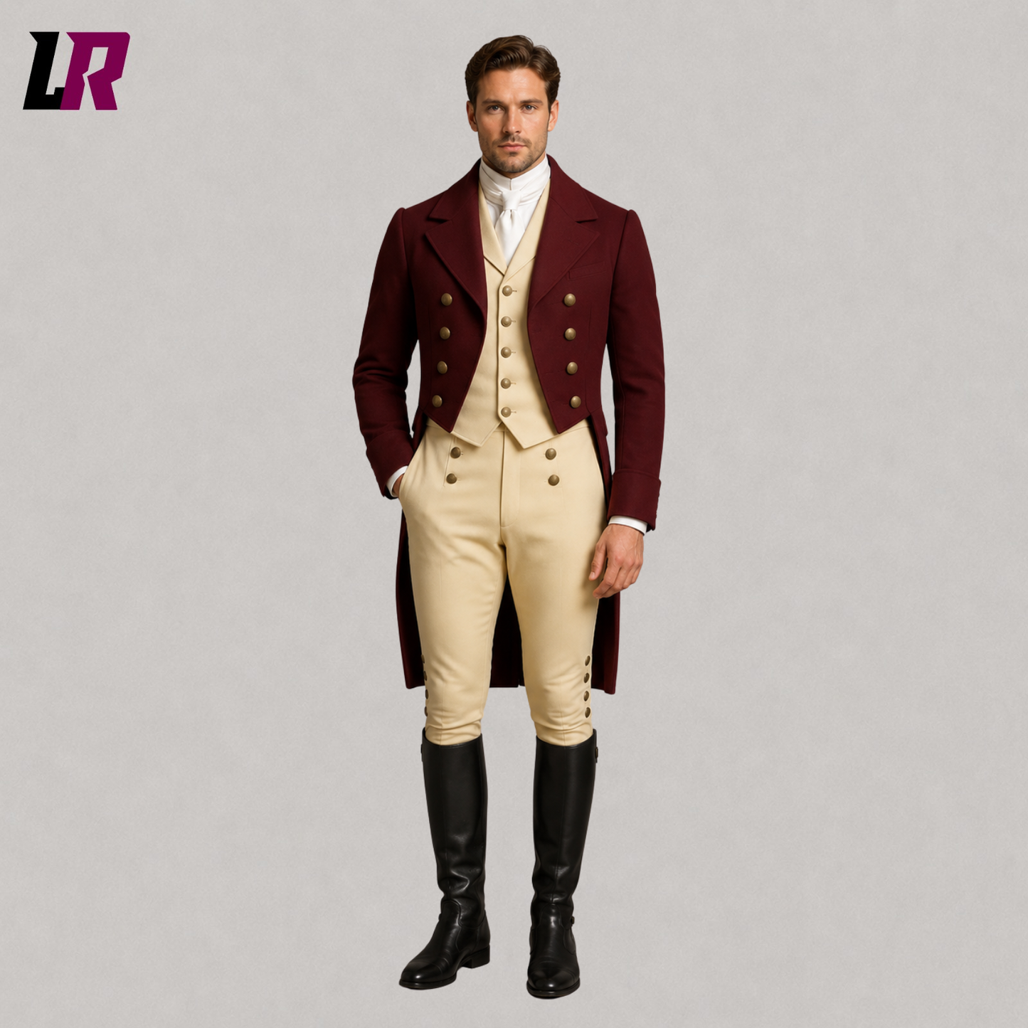Front view of men's Regency Georgian Victorian tailcoat suit with matching waistcoat and traditional breeches