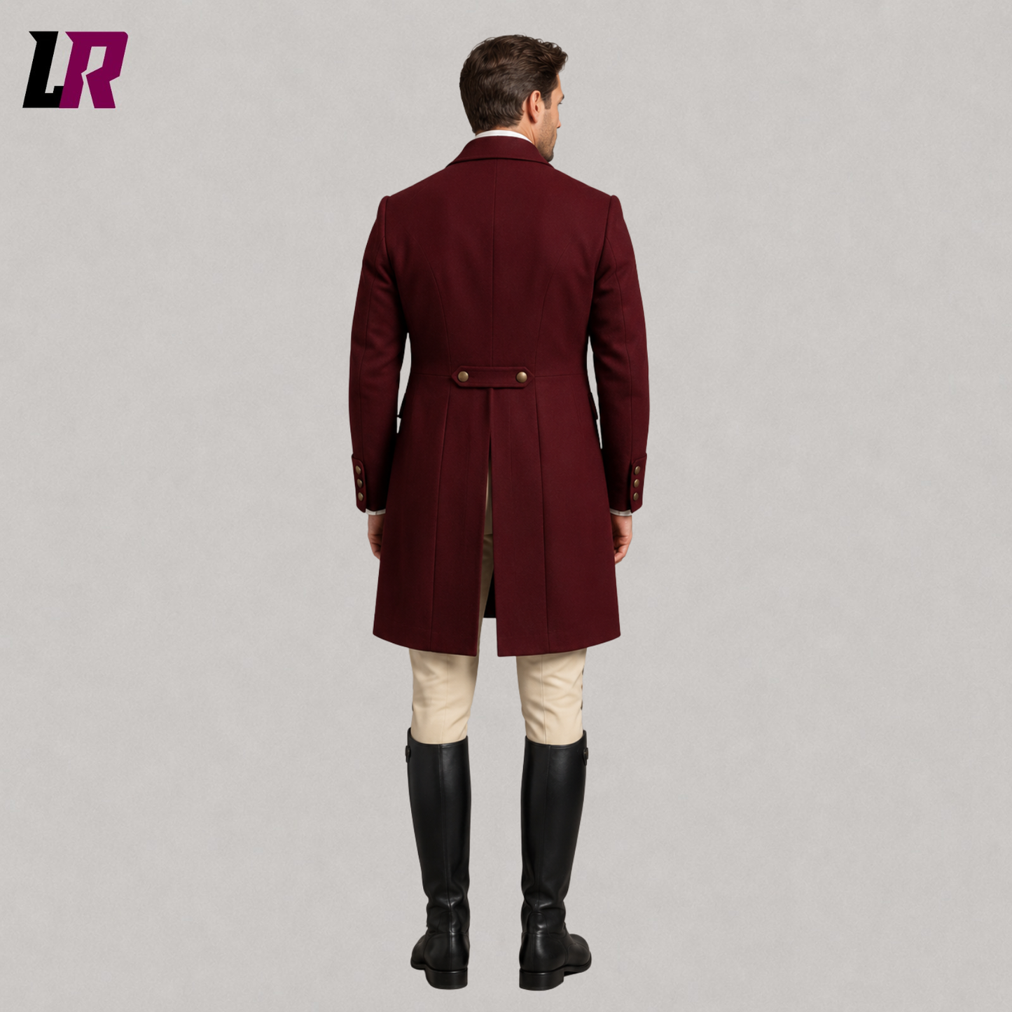 Back view of men's Regency historical tailcoat showing the elegant long coat silhouette