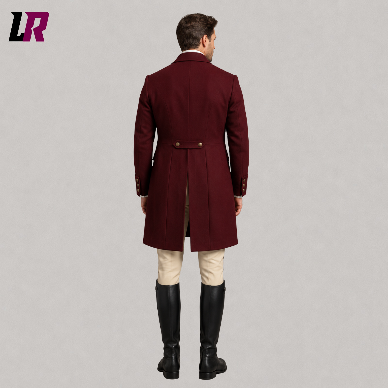 Back view of men's Regency historical tailcoat showing the elegant long coat silhouette