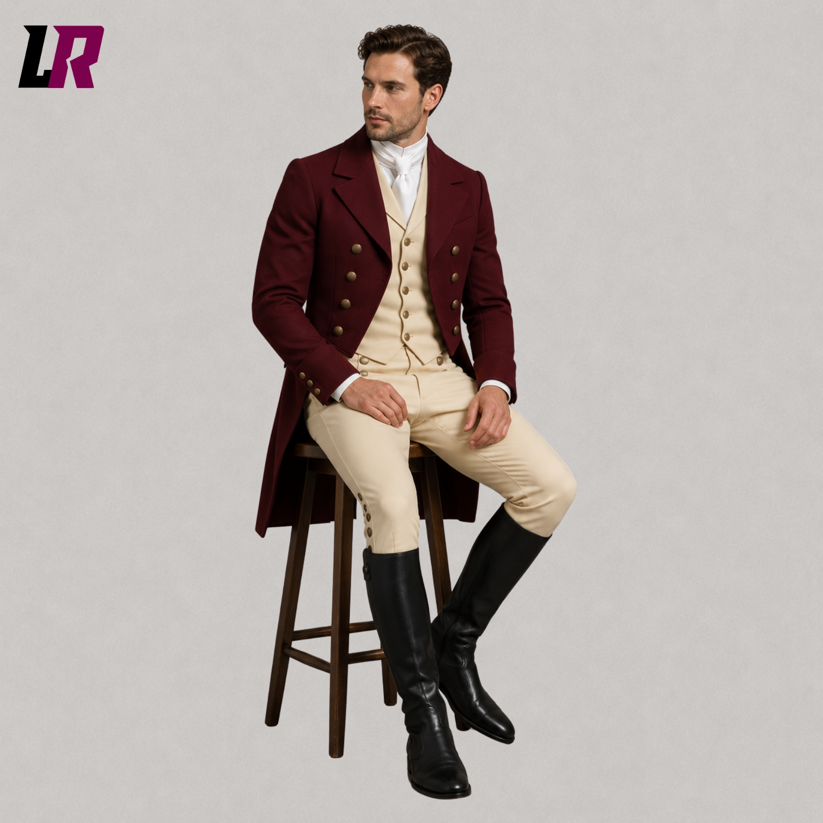 Man sitting on a stool wearing a handmade Regency Georgian tailcoat suit with matching breeches for historical events
