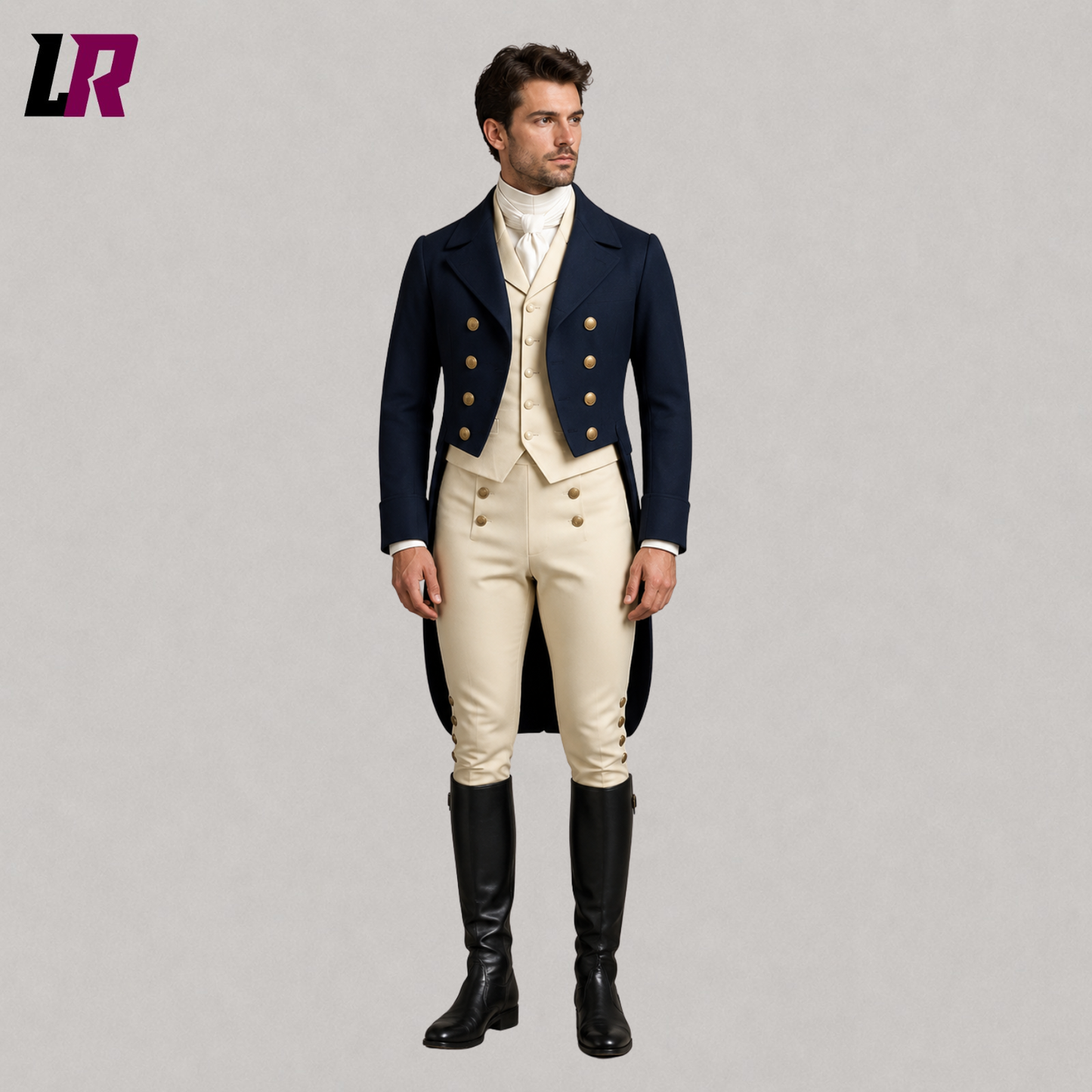 Front view of men's Regency Georgian Victorian tailcoat suit with matching waistcoat and traditional breeches