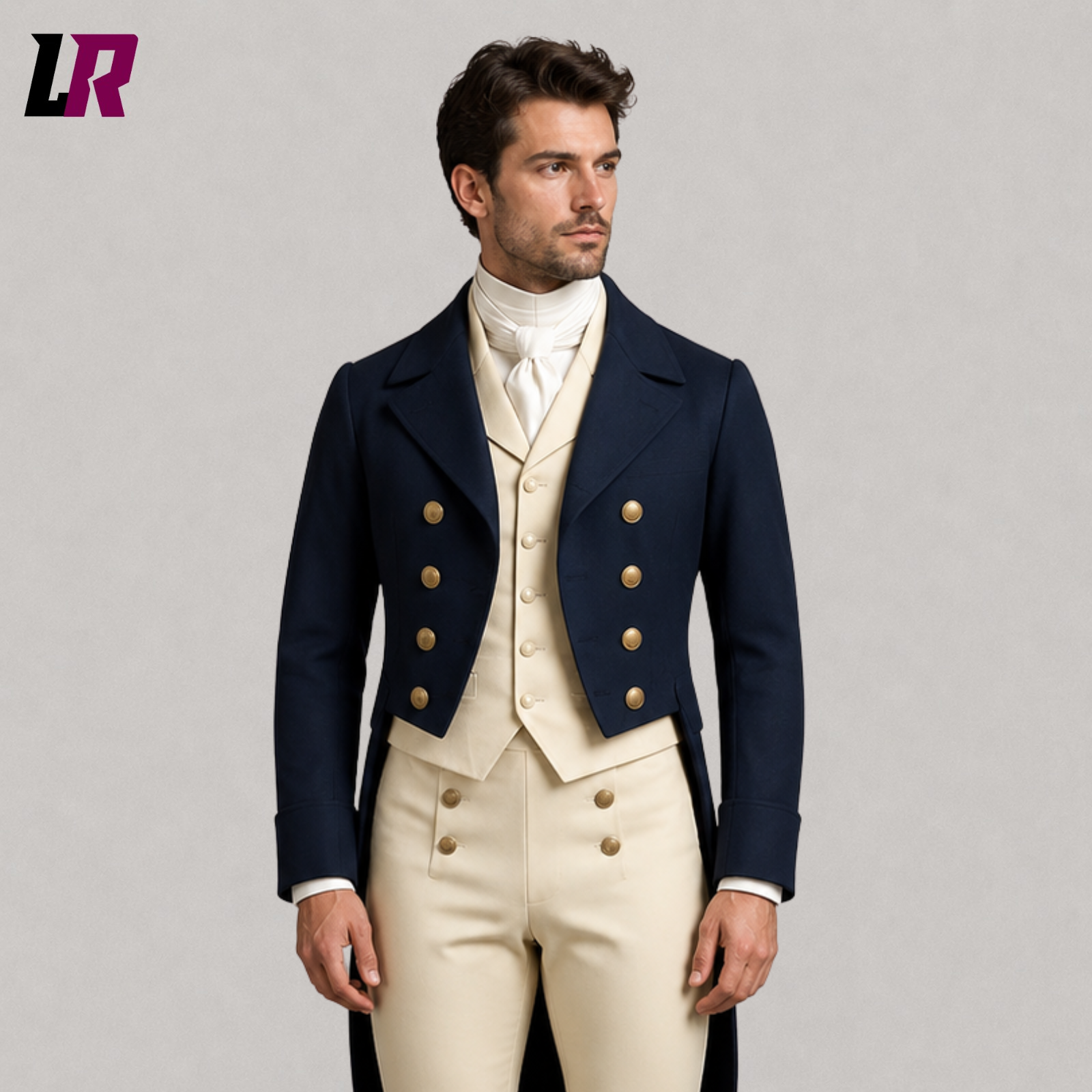 Close-up of men's Regency Georgian tailcoat featuring premium tailoring and handcrafted historical detailing