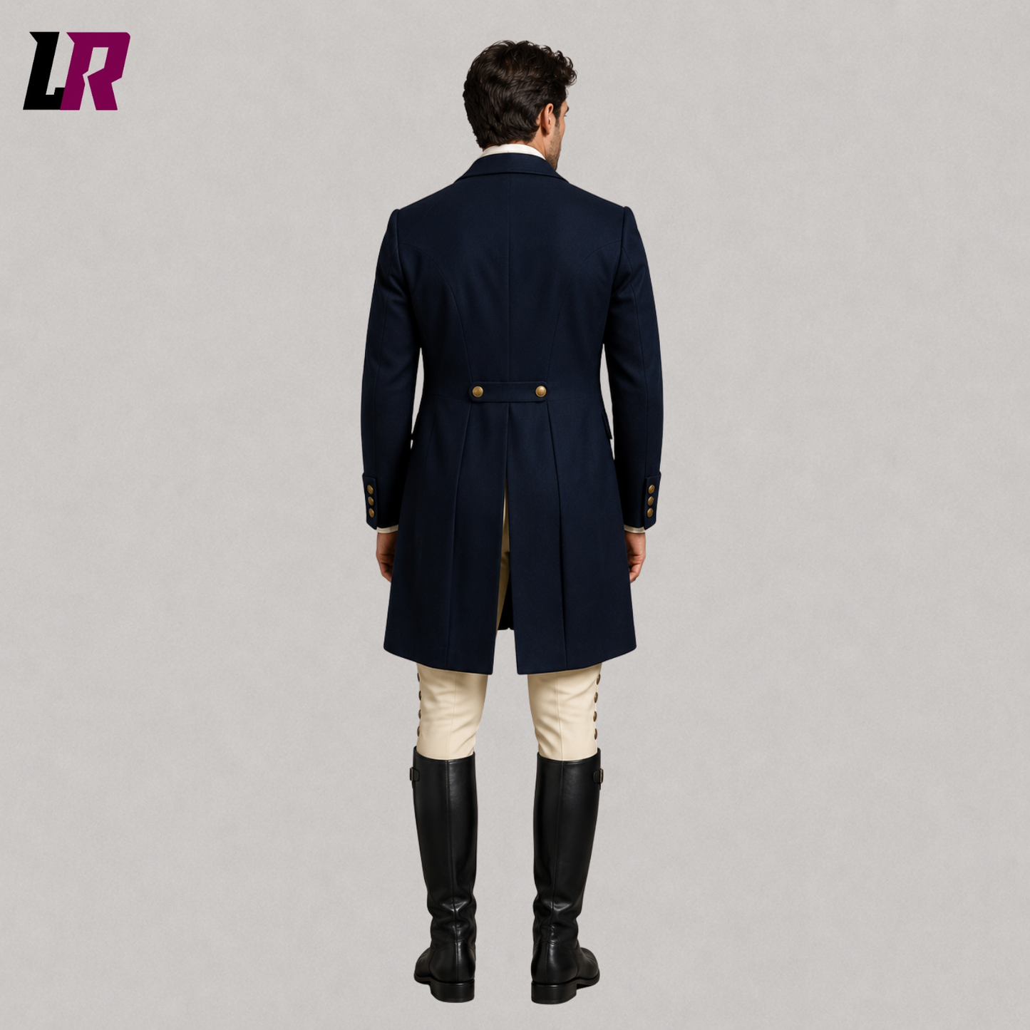 Back view of men's Regency Victorian tailcoat showing the elegant historical long coat silhouette