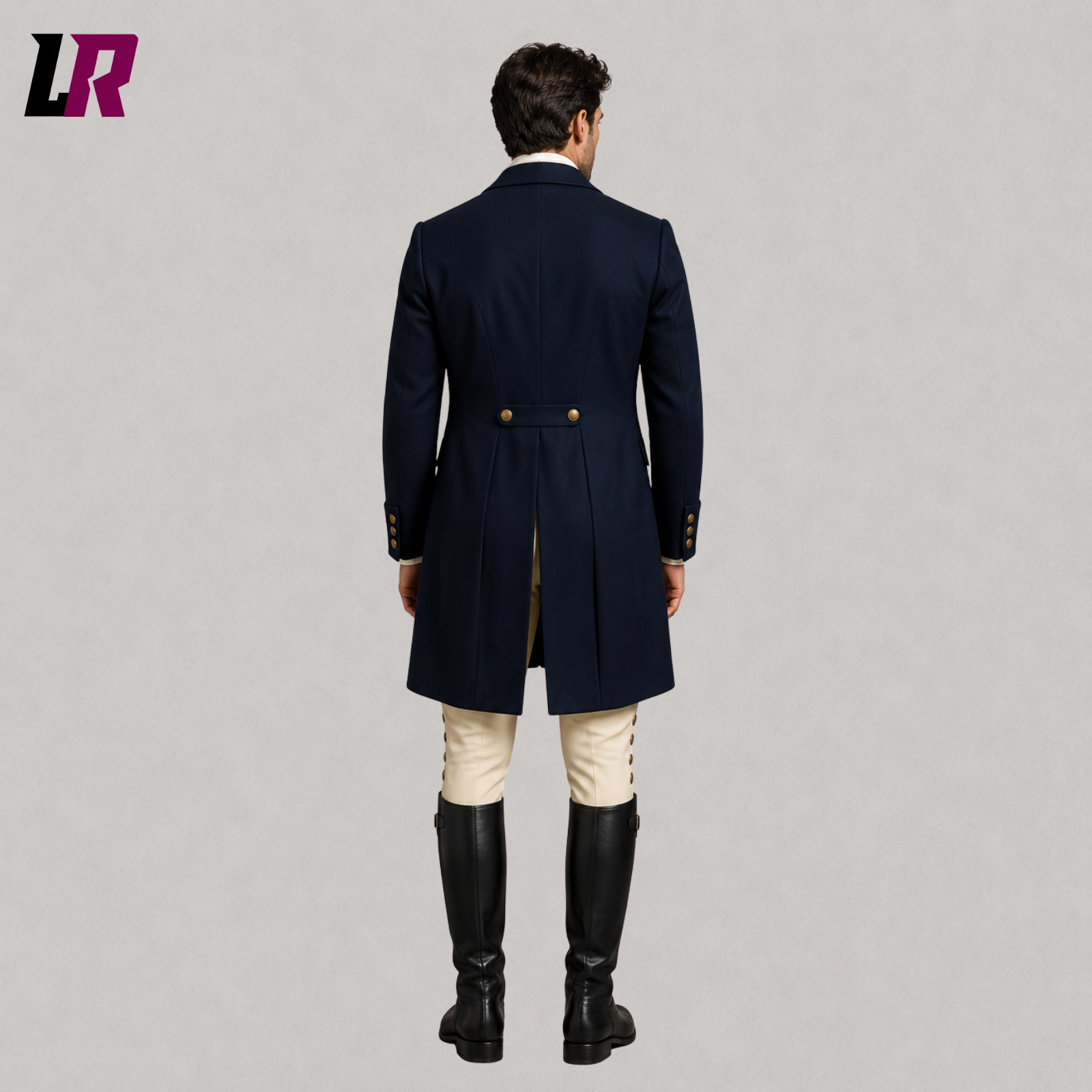 Back view of men's Regency Victorian tailcoat showing the elegant historical long coat silhouette