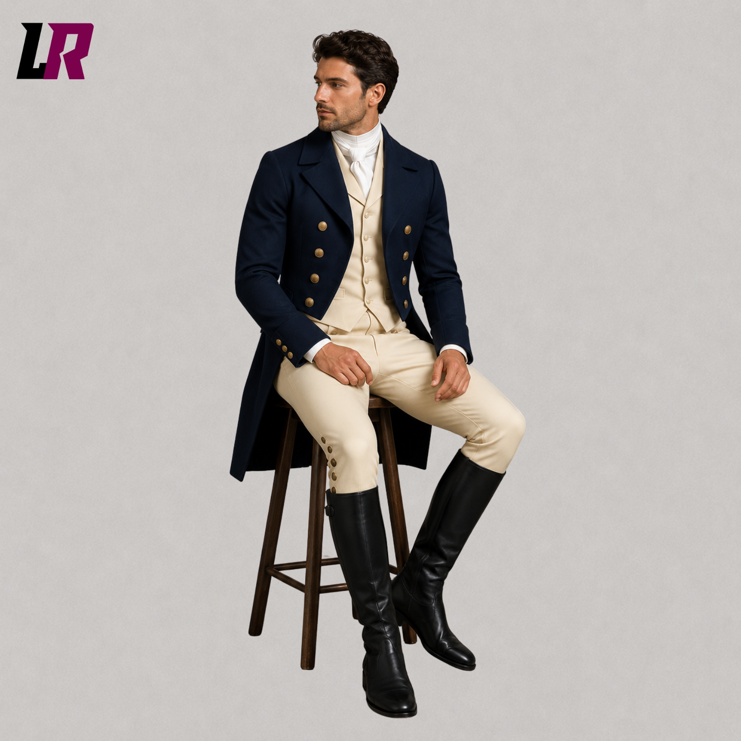 Man sitting on a stool wearing a handmade Regency Georgian tailcoat suit with matching waistcoat and breeches