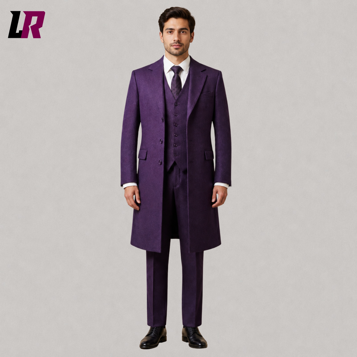 Front view of men's purple three-piece wedding suit with royal long coat, matching waistcoat, and tailored trousers