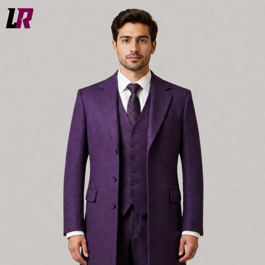 Close-up of men's purple three-piece wedding suit featuring premium tailoring, elegant lapels, and luxurious craftsmanship