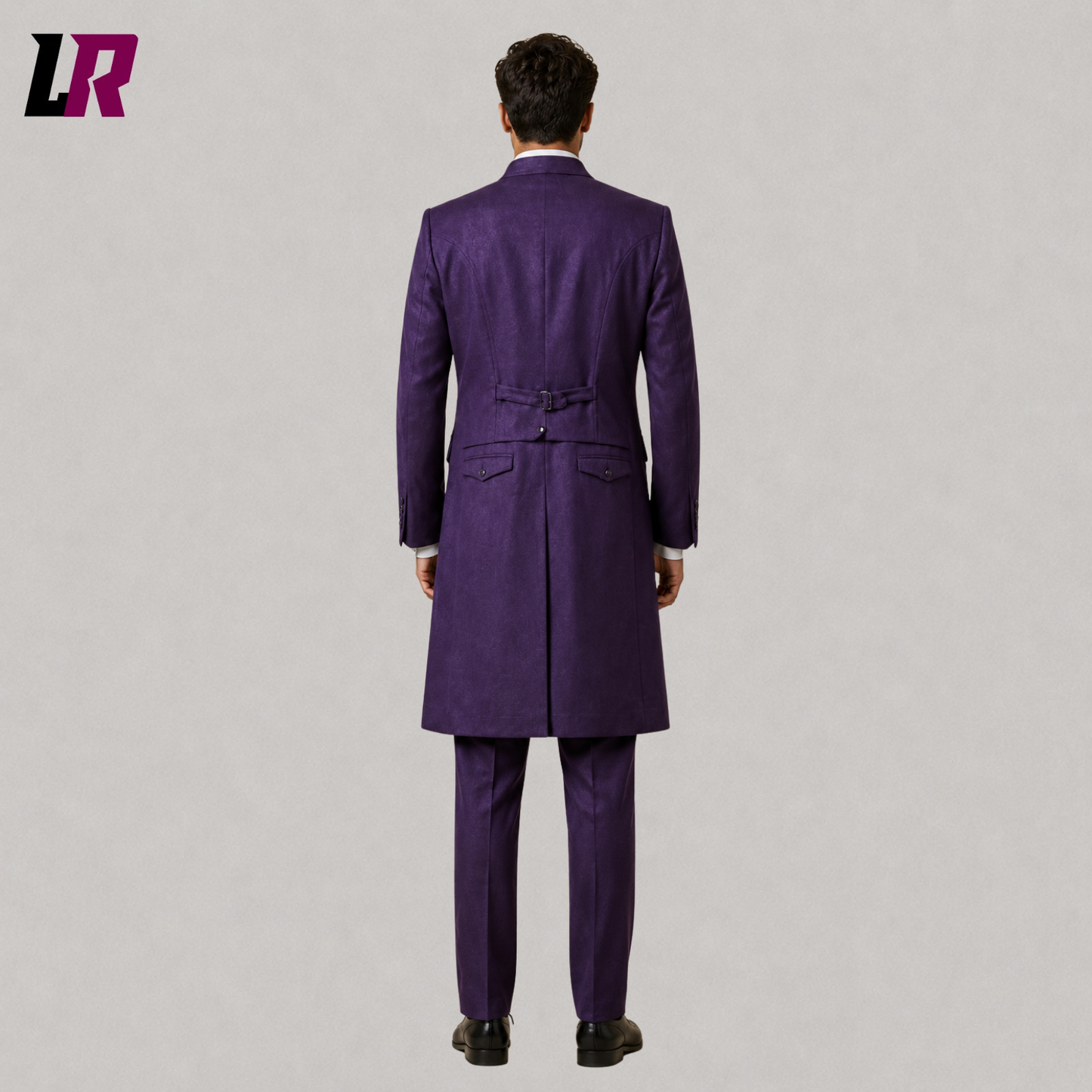 Back view of men's purple Victorian-inspired long coat suit showing the elegant tailored silhouette