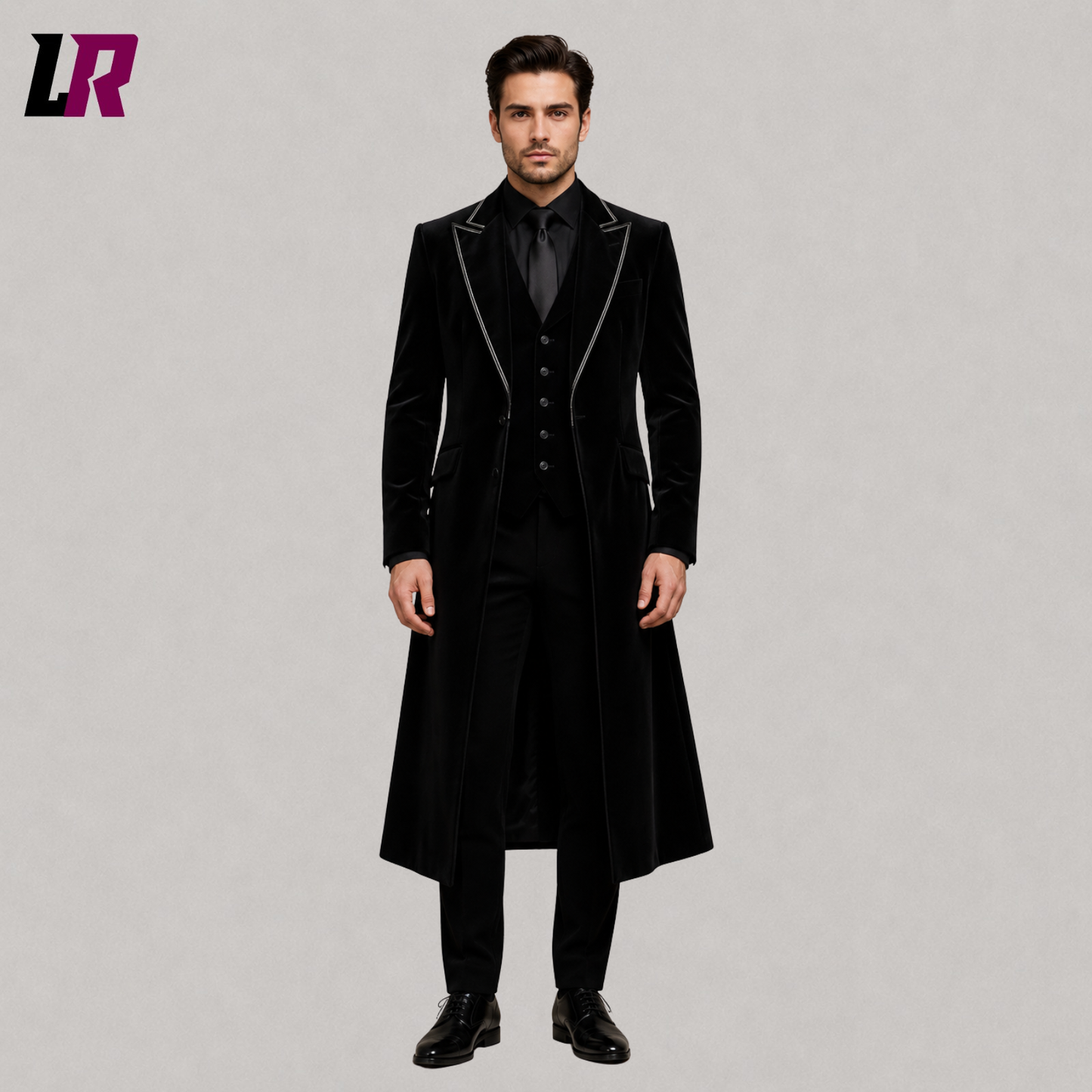 Front view of men's black velvet Victorian Gothic frock coat suit with matching waistcoat and tailored trousers