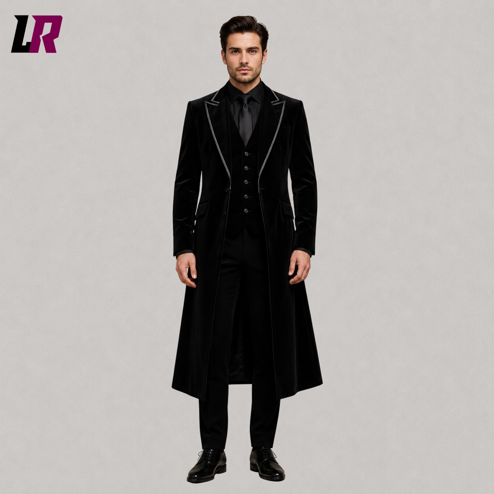 Front view of men's black velvet Victorian Gothic frock coat suit with matching waistcoat and tailored trousers