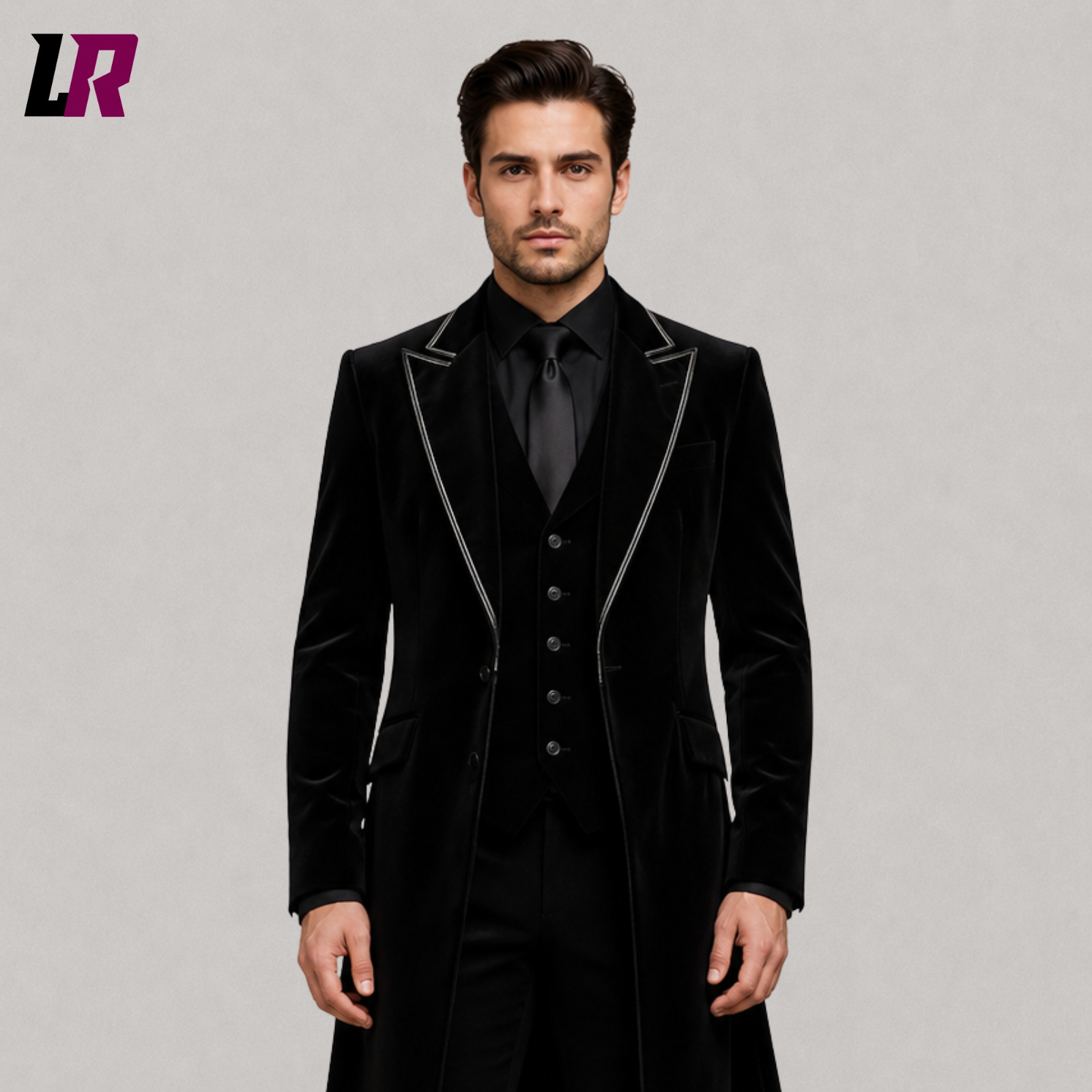 Close-up of men's black velvet Gothic frock coat suit featuring premium velvet fabric, elegant tailoring, and Victorian craftsmanship